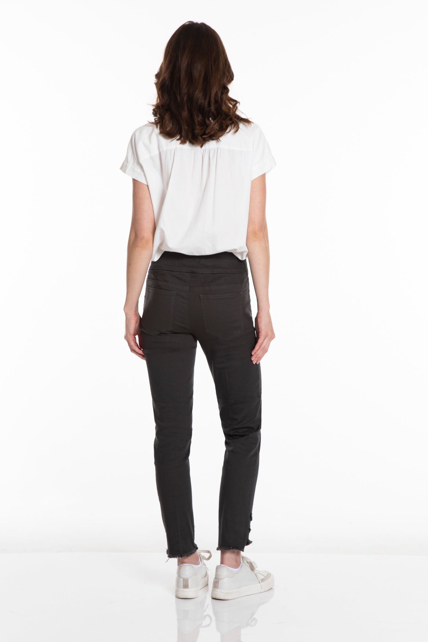 PLUS Pull-On Asymmetrical Multi Fringe Hem Ankle Pant - Gray Denim