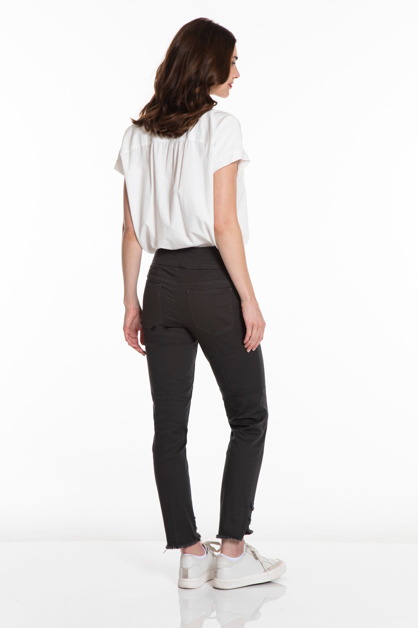 PLUS Pull-On Asymmetrical Multi Fringe Hem Ankle Pant - Gray Denim
