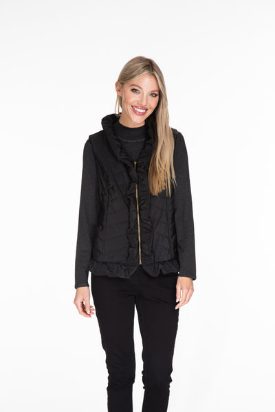 Ruffle Trim Quilted Vest - Black