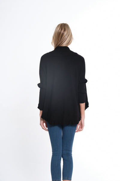 3/4 Sleeve Ruffle Hem Shawl Collar Sweater Cardigan - Women's - Black