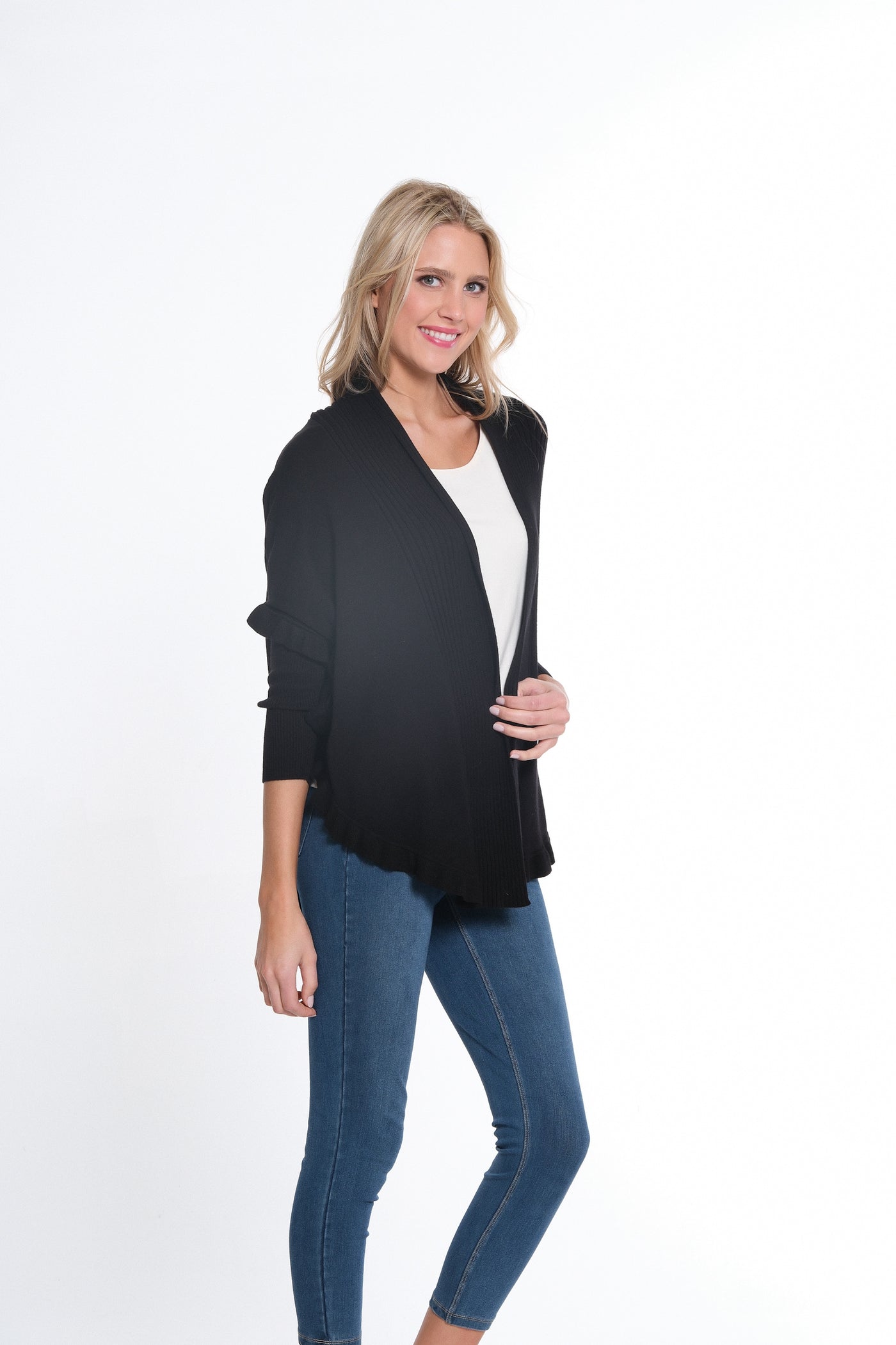 3/4 Sleeve Ruffle Hem Shawl Collar Sweater Cardigan - Women's - Black