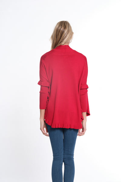 3/4 Sleeve Ruffle Hem Shawl Collar Sweater Cardigan - Vivid Red