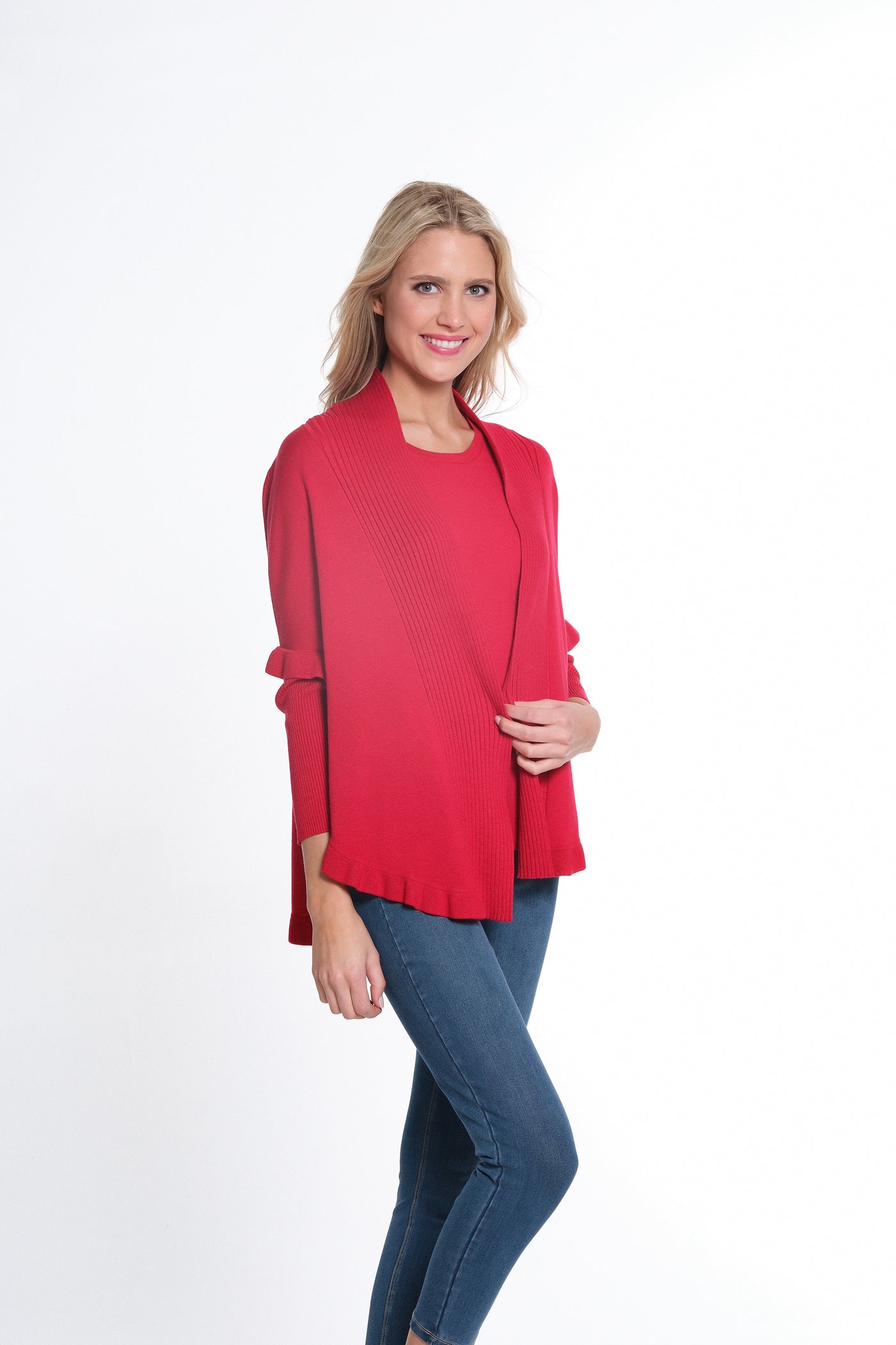 3/4 Sleeve Ruffle Hem Shawl Collar Sweater Cardigan - Women's - Vivid Red