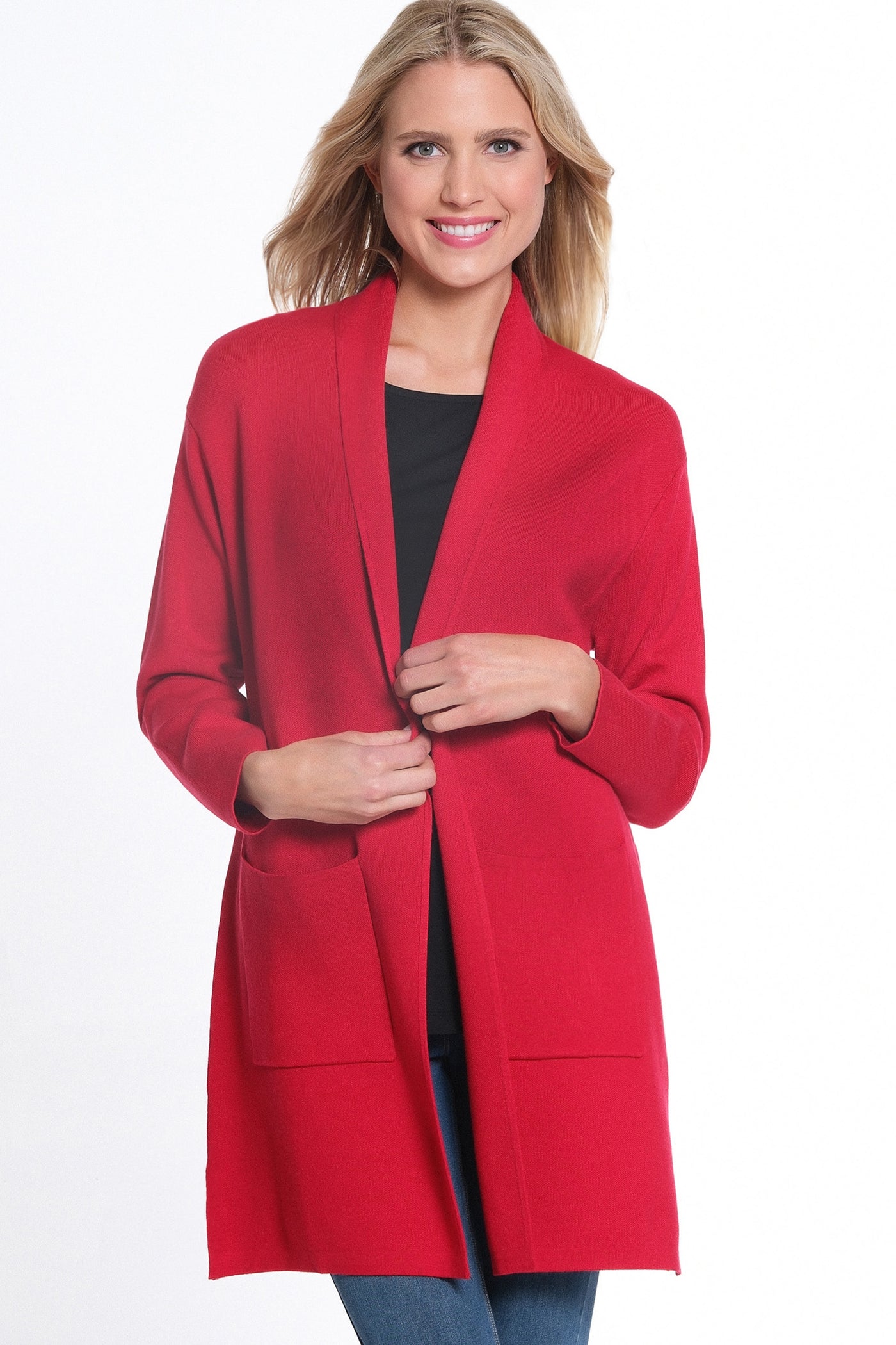 3/4 Sleeve Drop Shoulder Shawl Collar Open Front Cardigan Sweater - Vivid Red