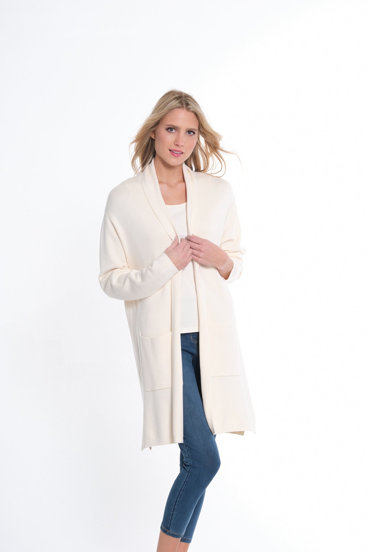 3/4 Sleeve Drop Shoulder Shawl Collar Open Front Cardigan Sweater - Winter White