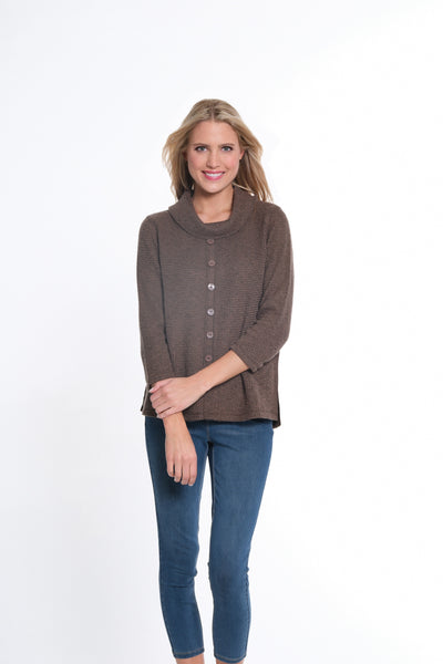 3/4 Sleeve Cowl Collar Faux Button Front Top - Women's -Truffle