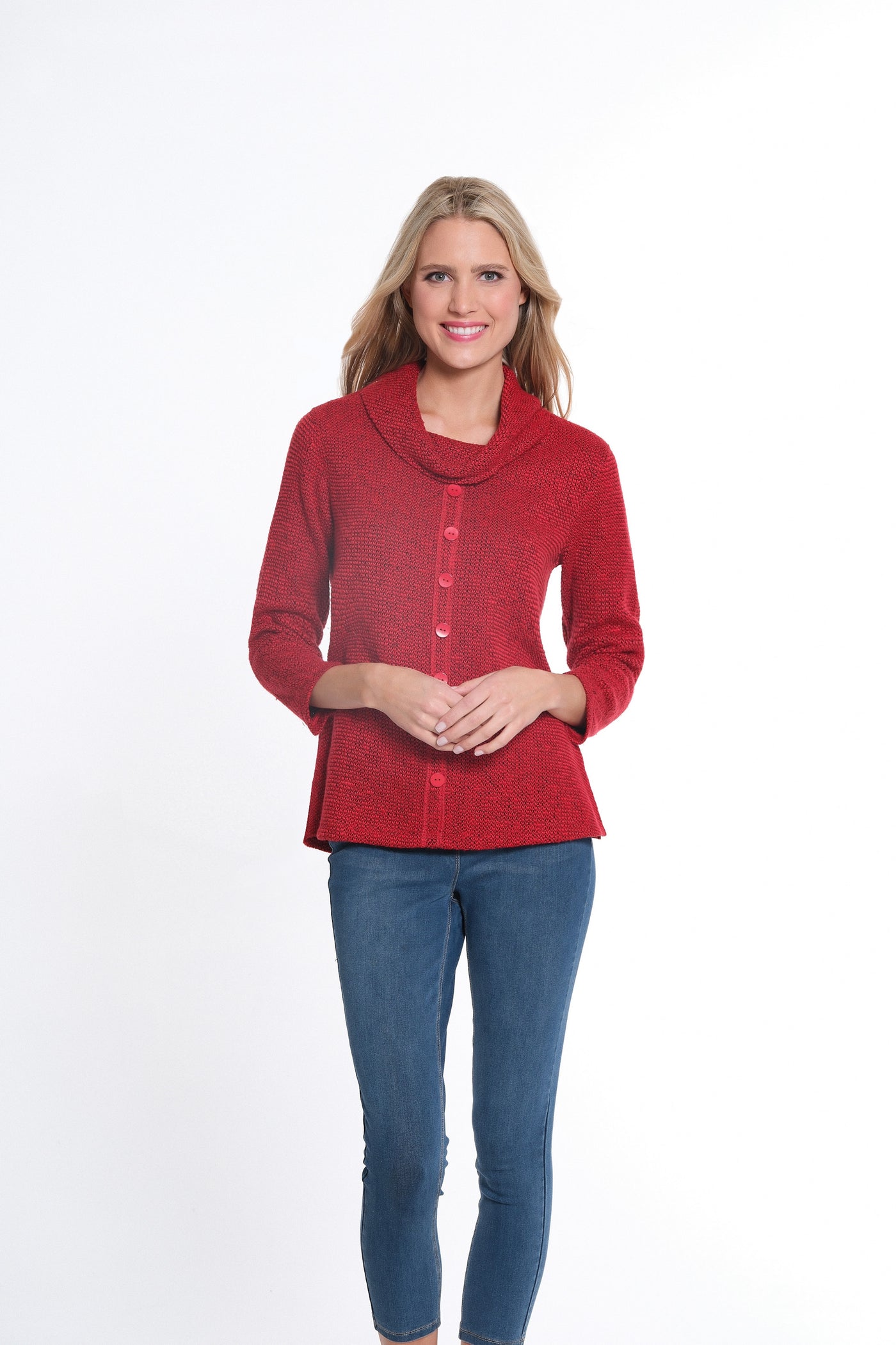 3/4 Sleeve Cowl Collar Faux Button Front Top - Women's - Vivid Red