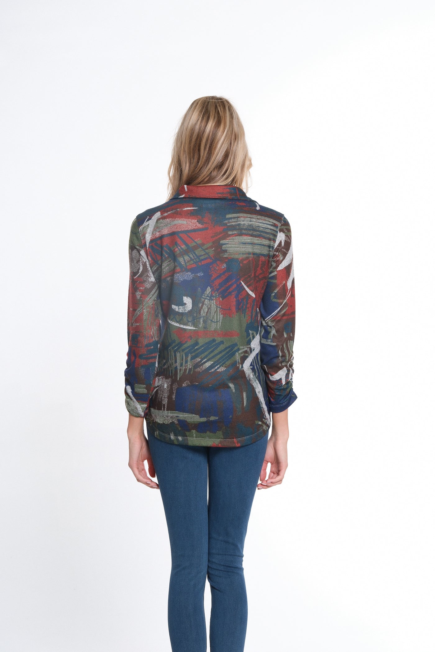 Double Bungee 3/4 Sleeve Johnny Collar P/O Top - Women's - Abstract Multi