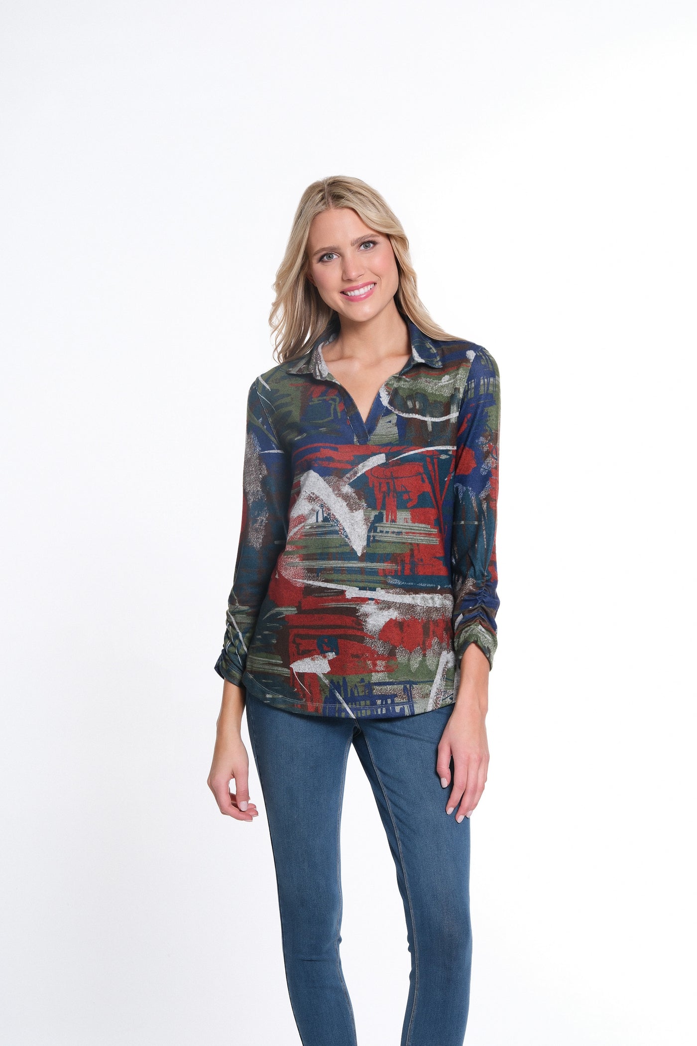 Double Bungee 3/4 Sleeve Johnny Collar P/O Top - Women's - Abstract Multi