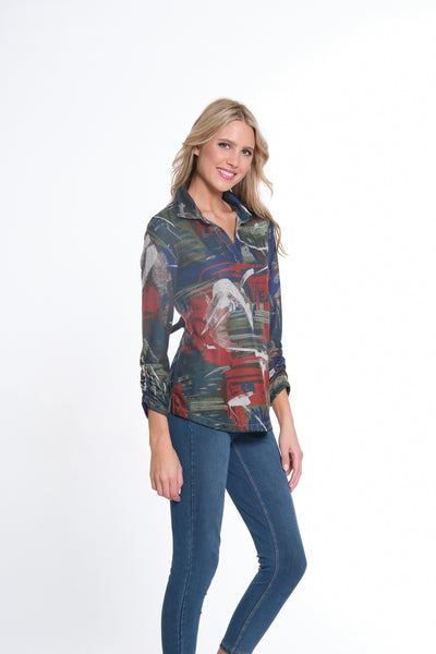 Double Bungee 3/4 Sleeve Johnny Collar P/O Top - Women's - Abstract Multi