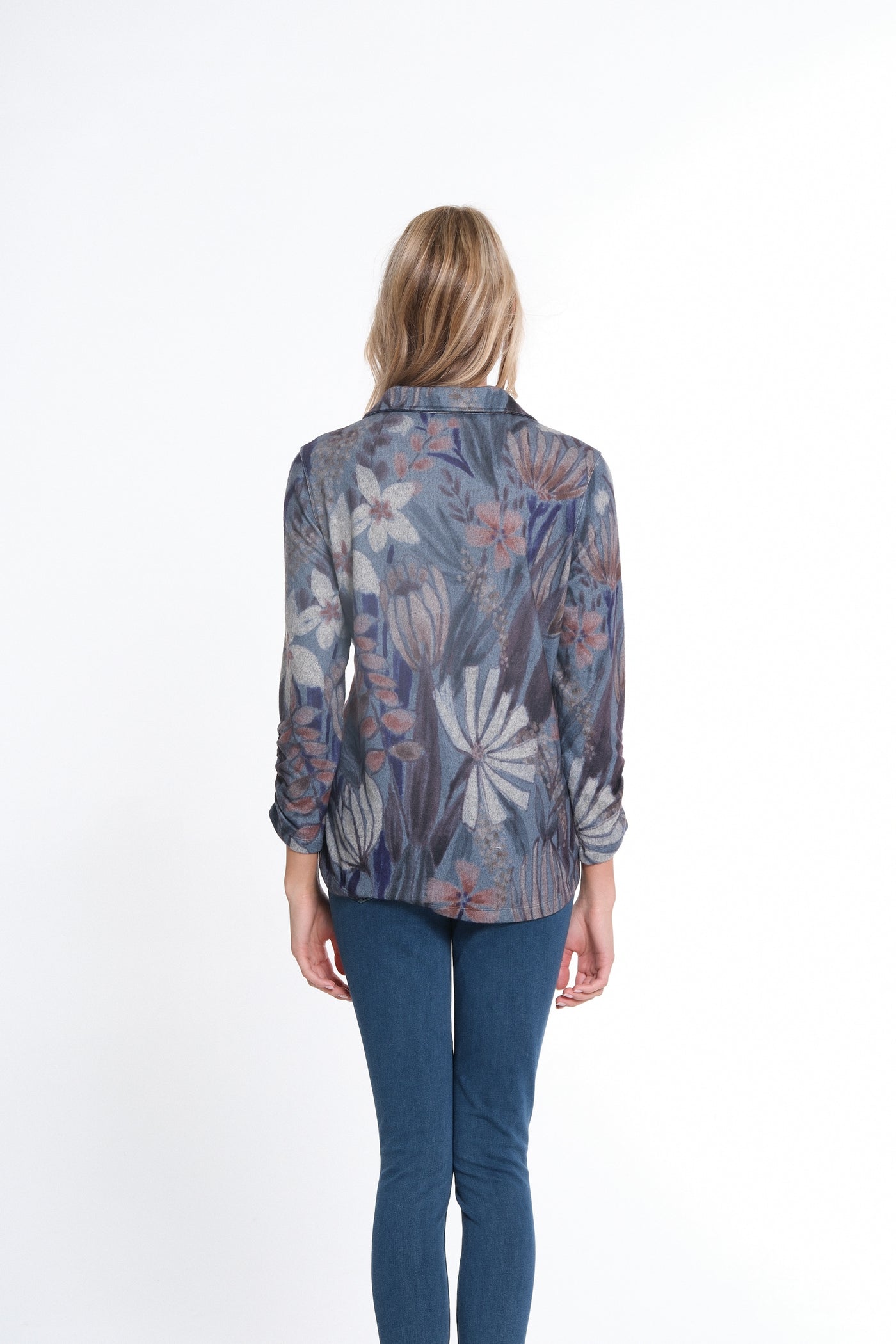 Double Bungee 3/4 Sleeve Johnny Collar Pull-on Top - Floral Multi