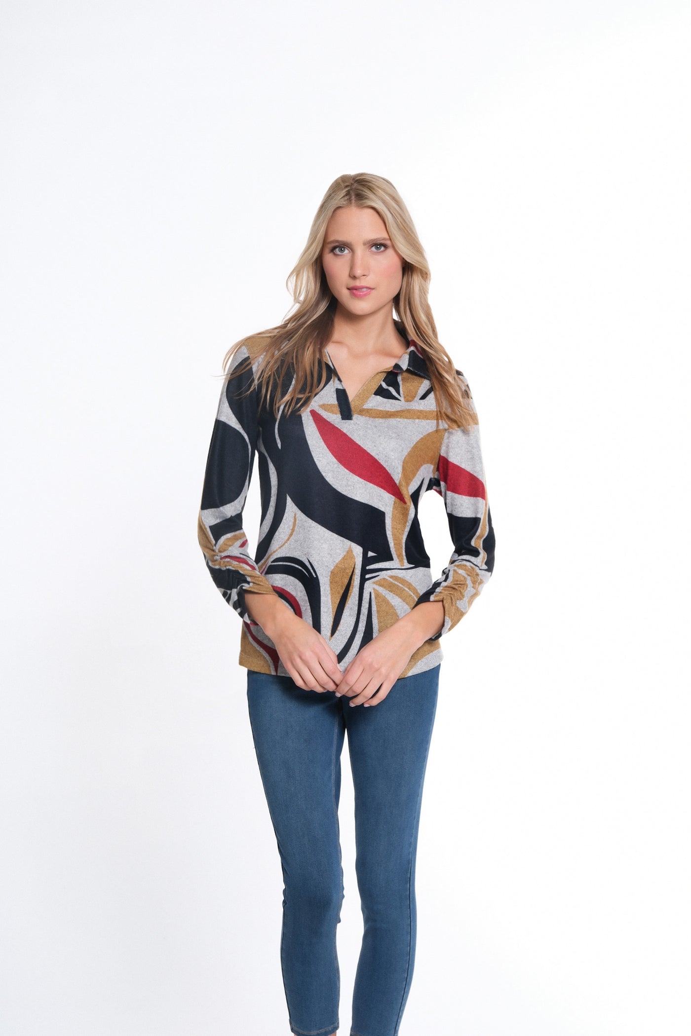 Double Bungee 3/4 Sleeve Johnny Collar P/O Top - Women's - Multi