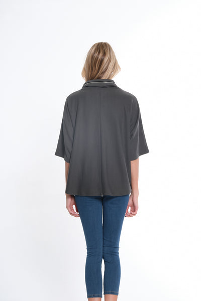 Elbow Dolman Sleeve Zip Cowl Collar Hi-Lo Top - Women's -Dark Platinum