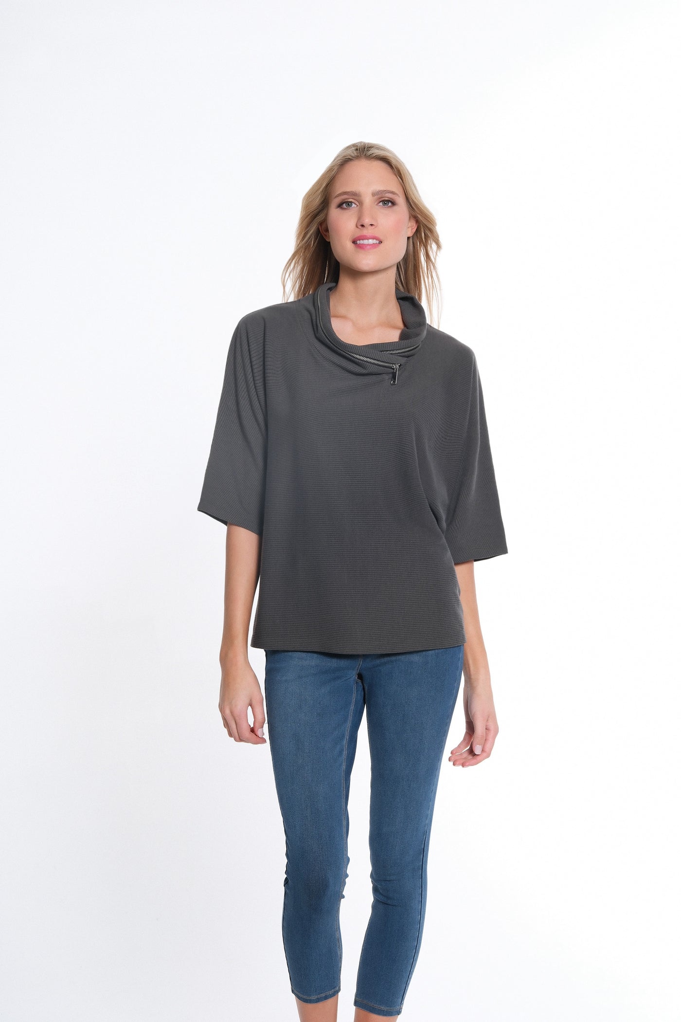 Elbow Dolman Sleeve Zip Cowl Collar Hi-Lo Top - Women's -Dark Platinum