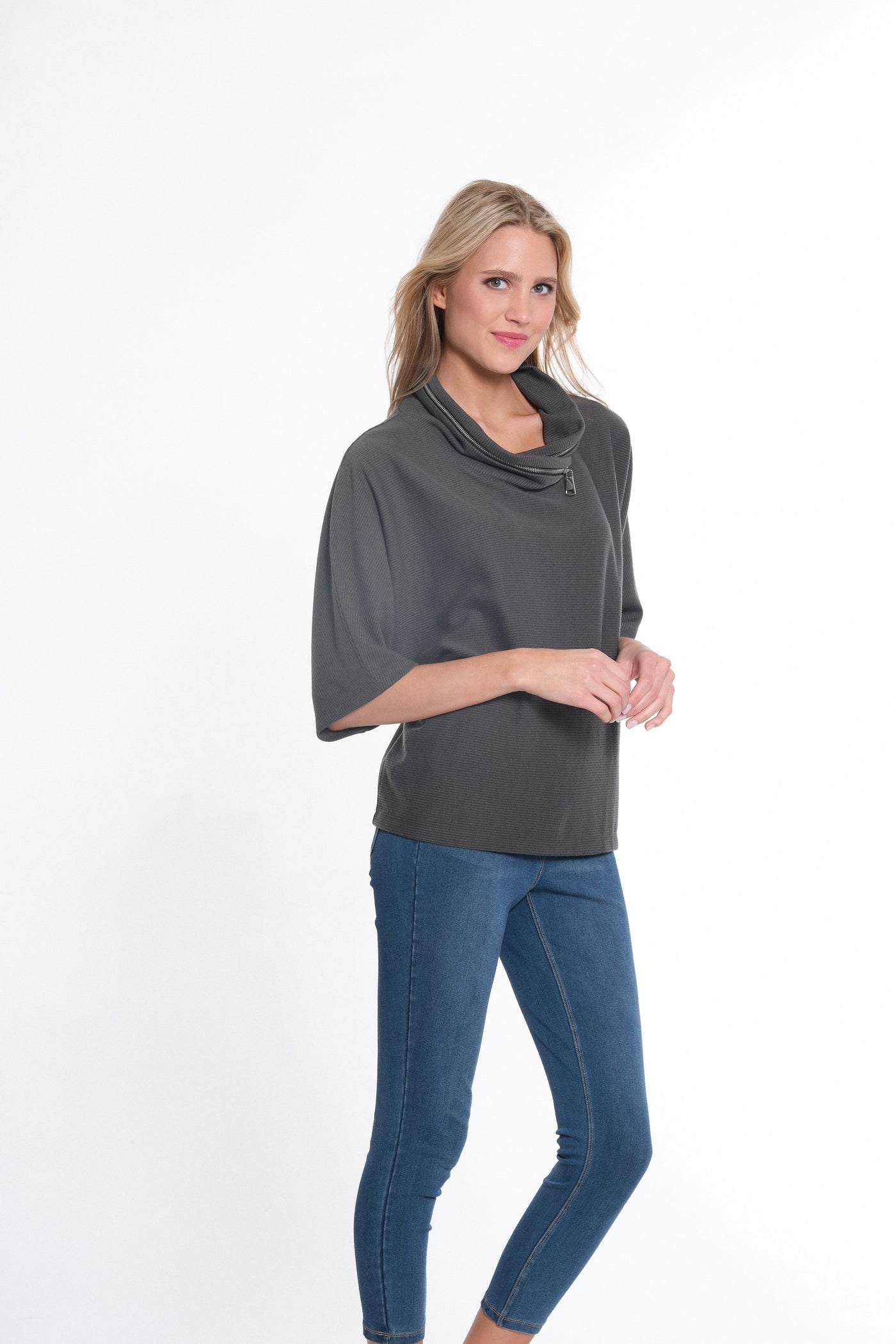 Elbow Dolman Sleeve Zip Cowl Collar Hi-Lo Top - Women's -Dark Platinum