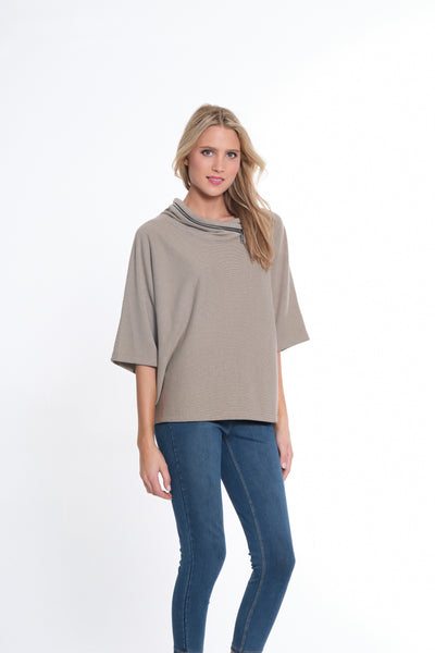 Elbow Dolman Sleeve Zip Cowl Collar Hi-Lo Top - Women's -Stone