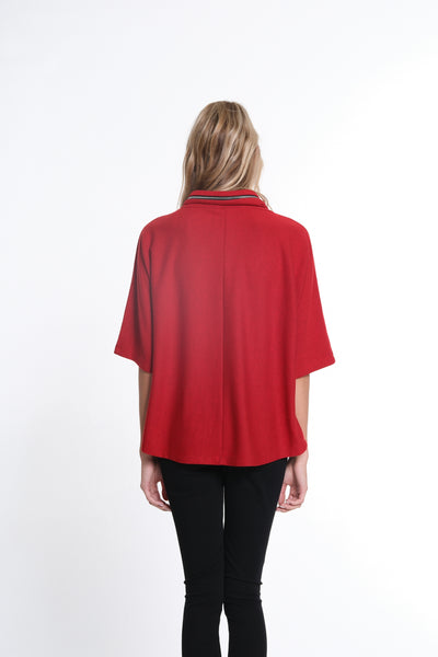 Elbow Dolman Sleeve Zip Cowl Collar Hi-Lo Top - Women's -Vivid Red