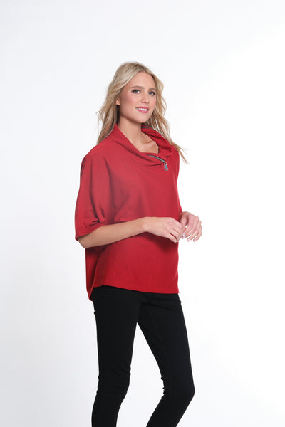 Elbow Dolman Sleeve Zip Cowl Collar Hi-Lo Top - Women's -Vivid Red