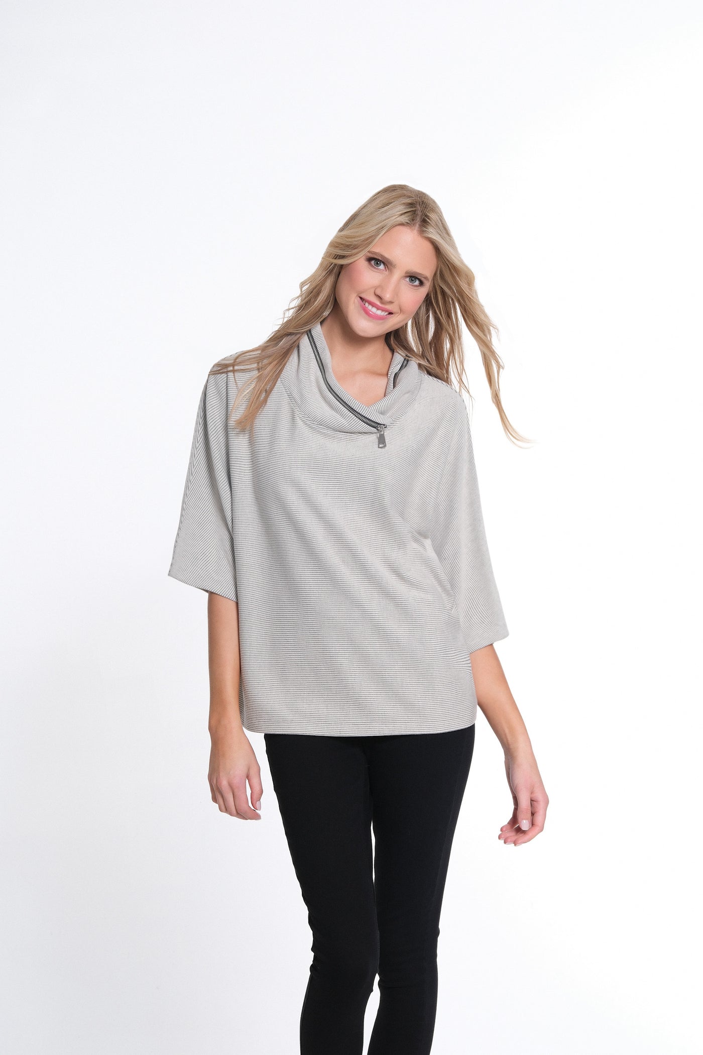 Elbow Dolman Sleeve Zip Cowl Collar Hi-Lo Top - Women's -Winter White