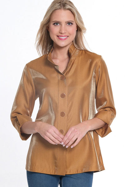 Turn-Up Cuff 3/4 Sleeve Wire Collar Button Front Shirt - Tobacco Brown