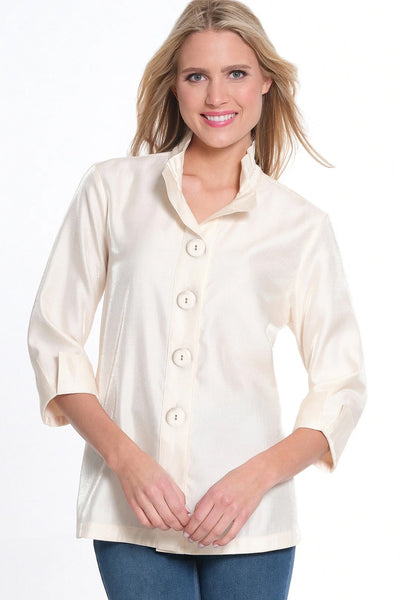 Turn-Up Cuff 3/4 Sleeve Wire Collar Button Front Shirt - Winter White