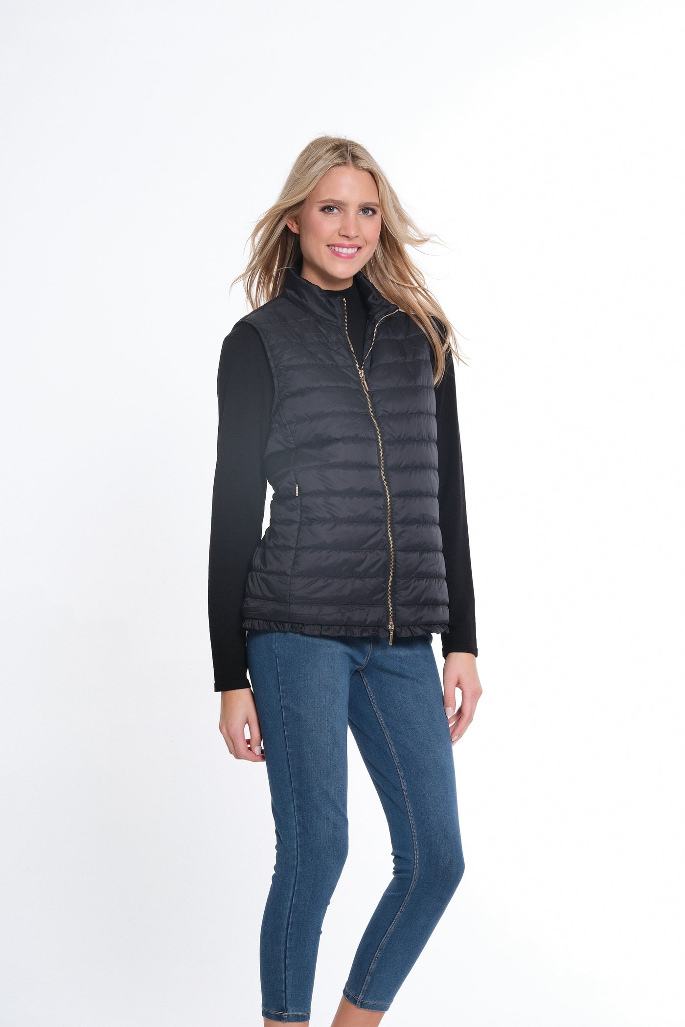 Zip Thru Collar Zip Pocket Quilted Vest - Women's - Black