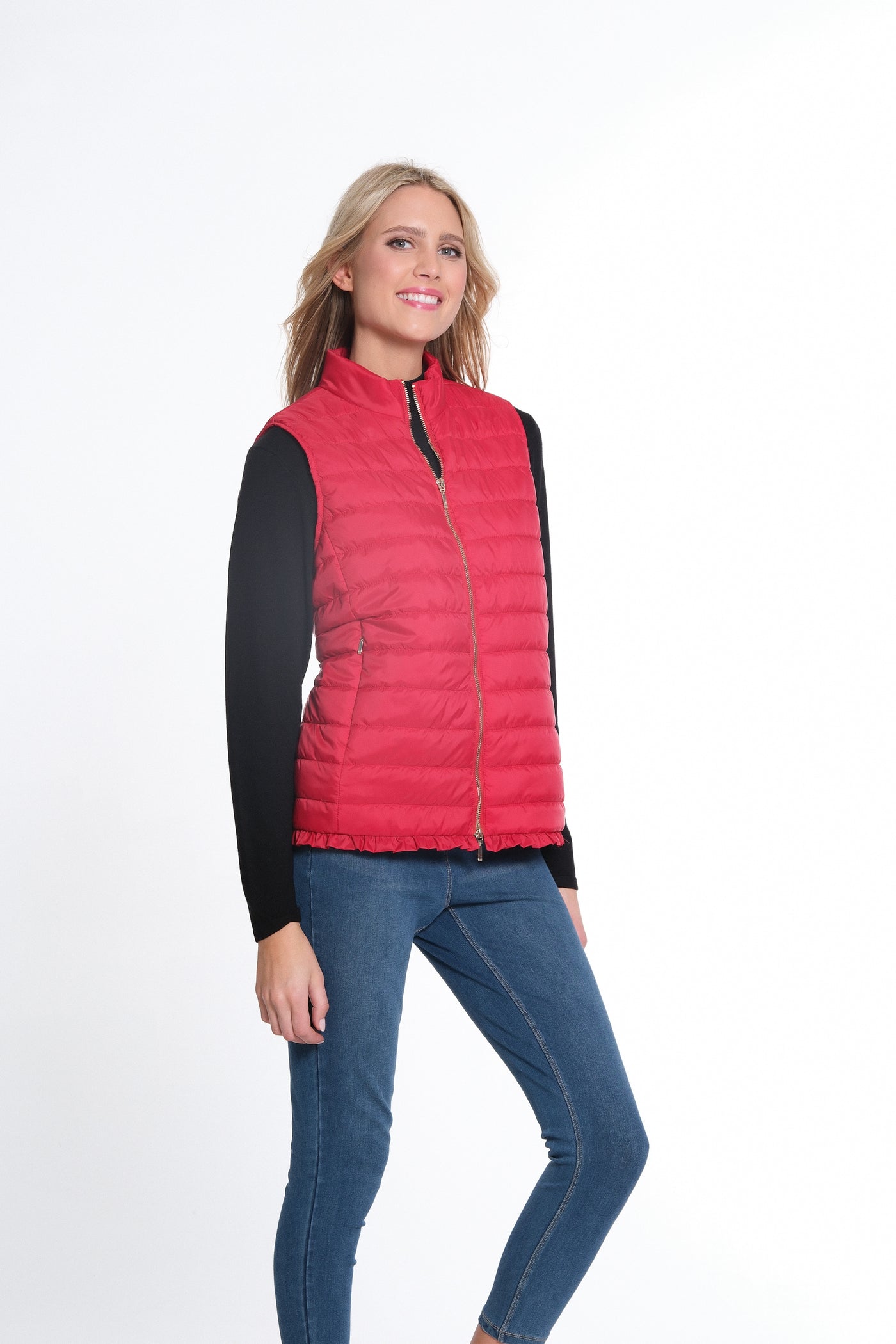 Zip Thru Collar Zip Pocket Quilted Vest - Vivid Red