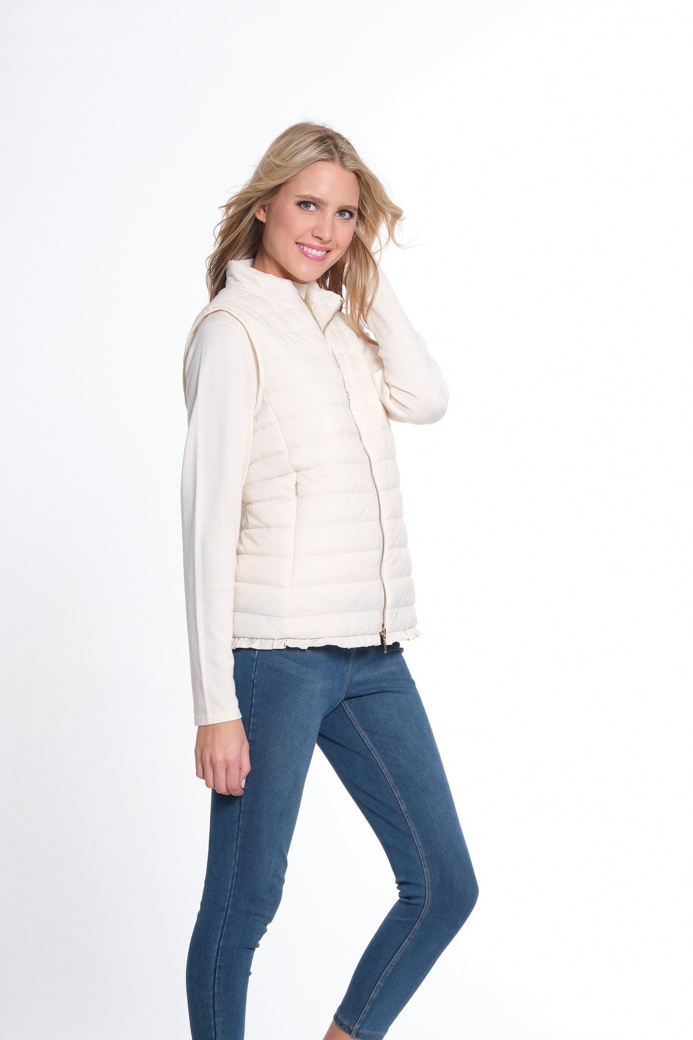 Zip Thru Collar Zip Pocket Quilted Vest - Winter White