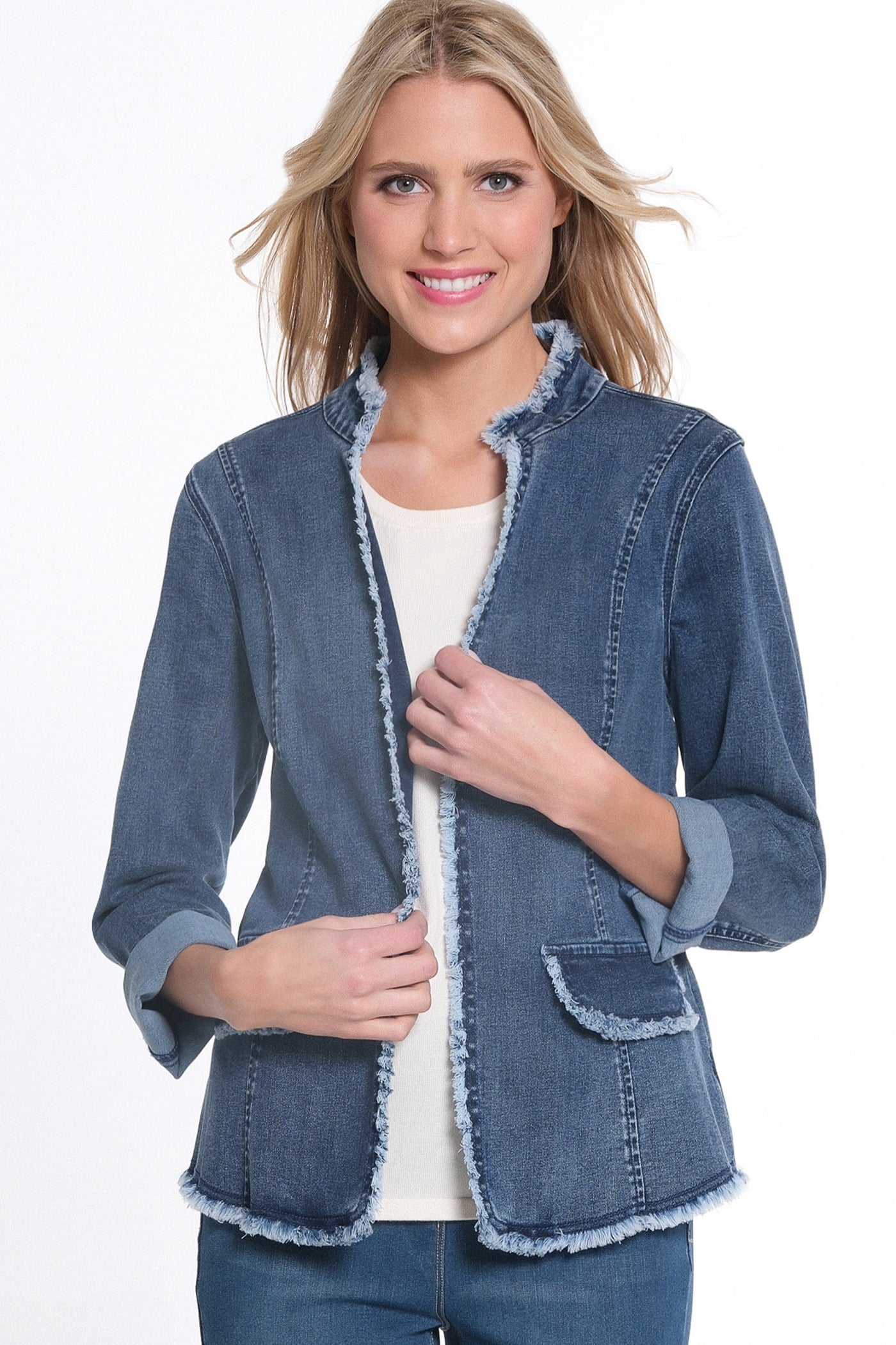 Stand Collar Open Front Jacket - Medium Indigo