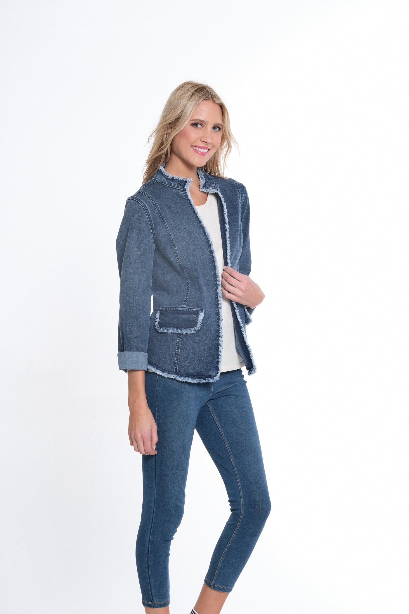 Stand Collar Open Front Jacket - Medium Indigo