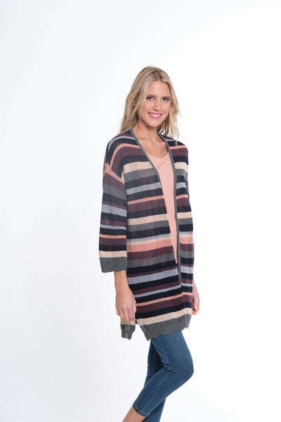 3/4 Sleeve Open Front Long Sweater Cardigan - Multi