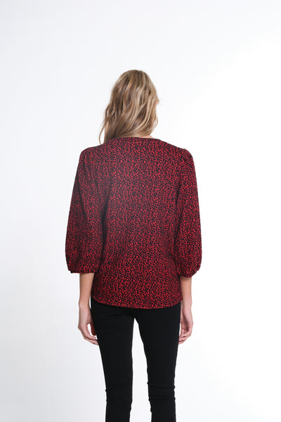 3/4 Tuck Sleeves Cheetah Jacquard Knit Top - Vivid Red