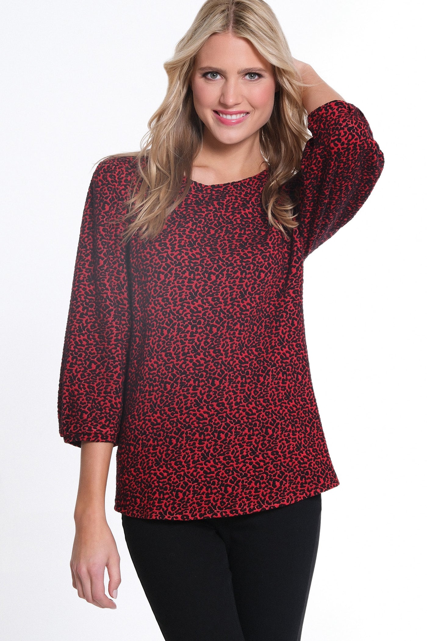 3/4 Tuck Sleeves Cheetah Jacquard Knit Top - Vivid Red