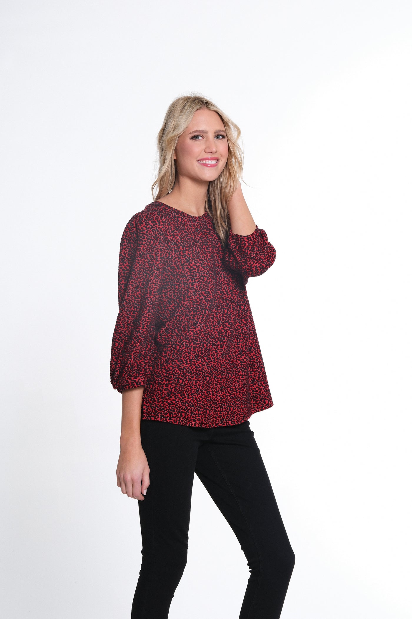 3/4 Tuck Sleeves Cheetah Jacquard Knit Top - Vivid Red