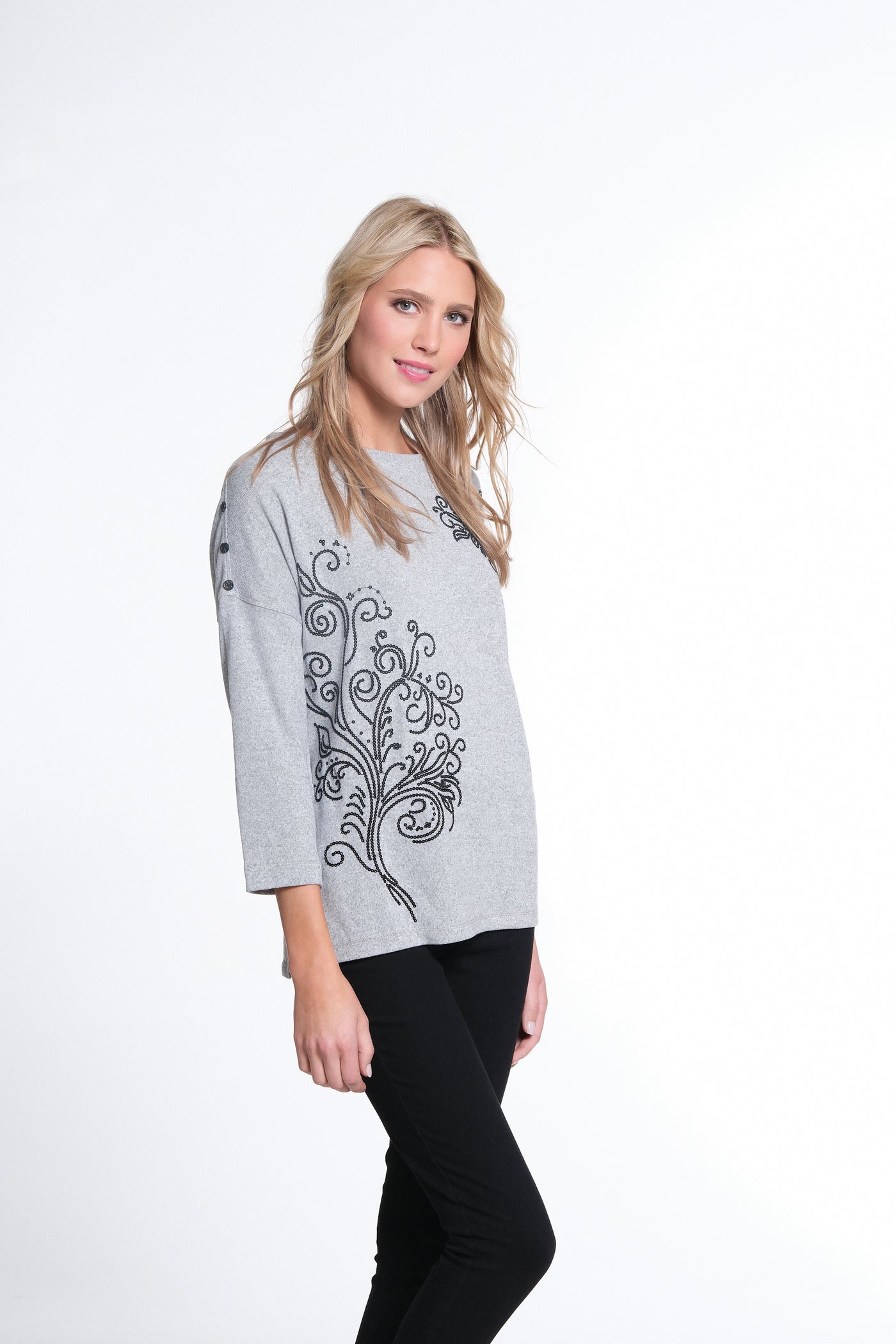 Dolman Solid Dyed Hatchi w/ Sequin Print Top - Snow