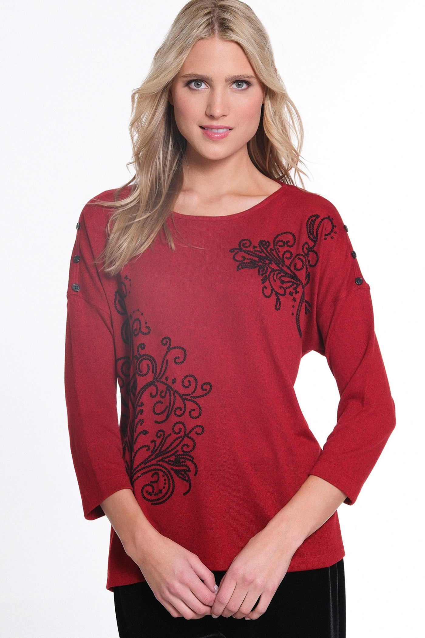 Dolman Solid Dyed Hatchi w/ Sequin Print Top - Vivid Red