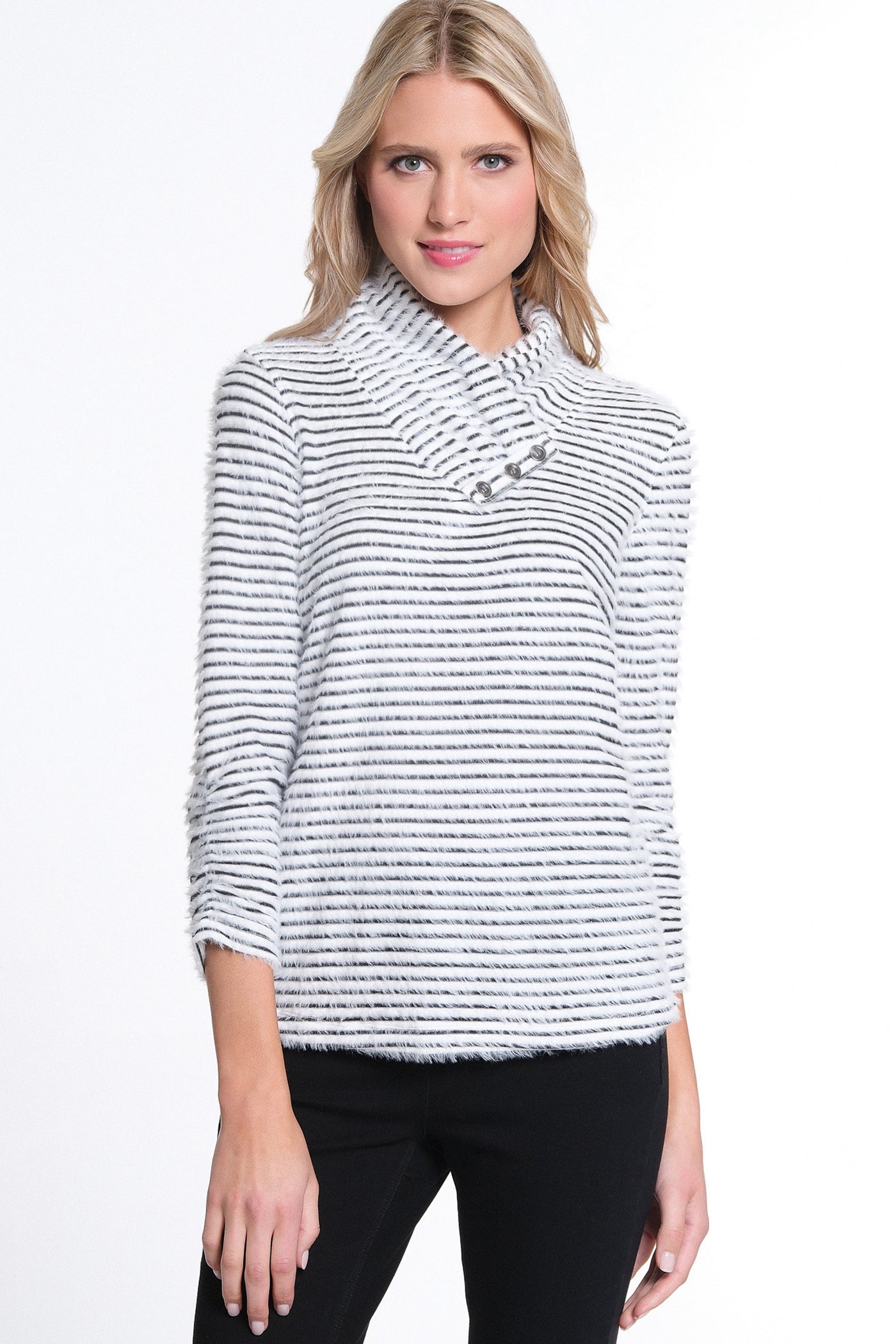 3/4 Bungee Sleeves Tripe Knit Top - Snow