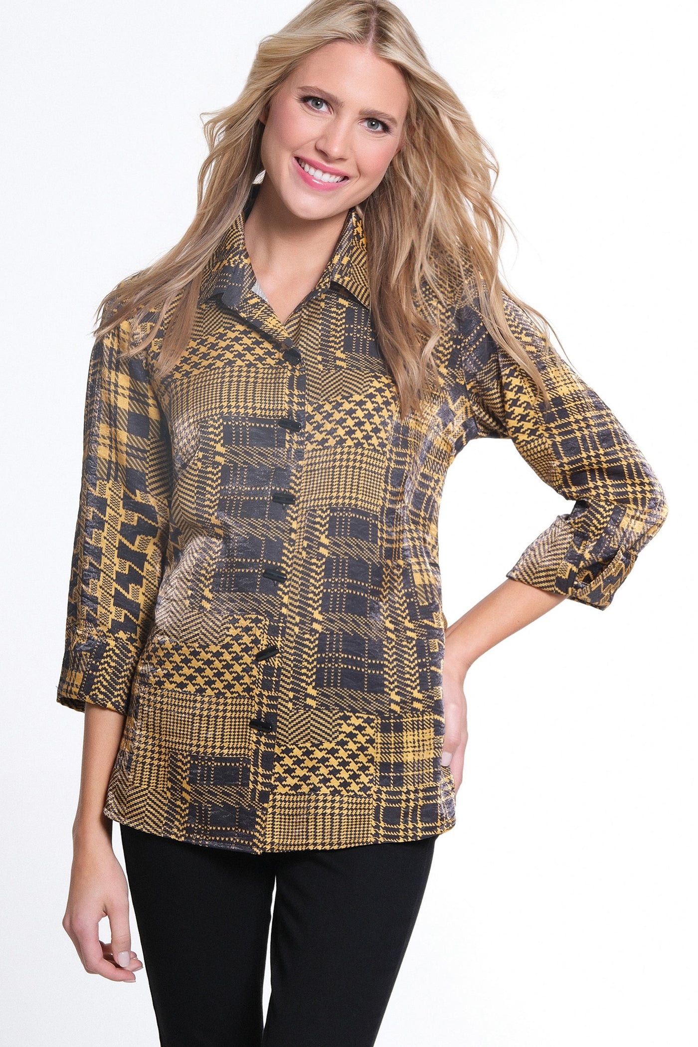 3/4 Sleeves Turn-Up Cuff Woven Shirt - Classic Gold