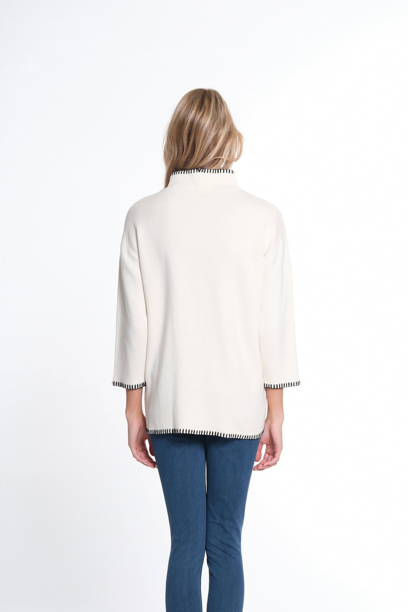 3/4 Sleeve Drop Shoulder Mock Neck Sweater Top - Winter White