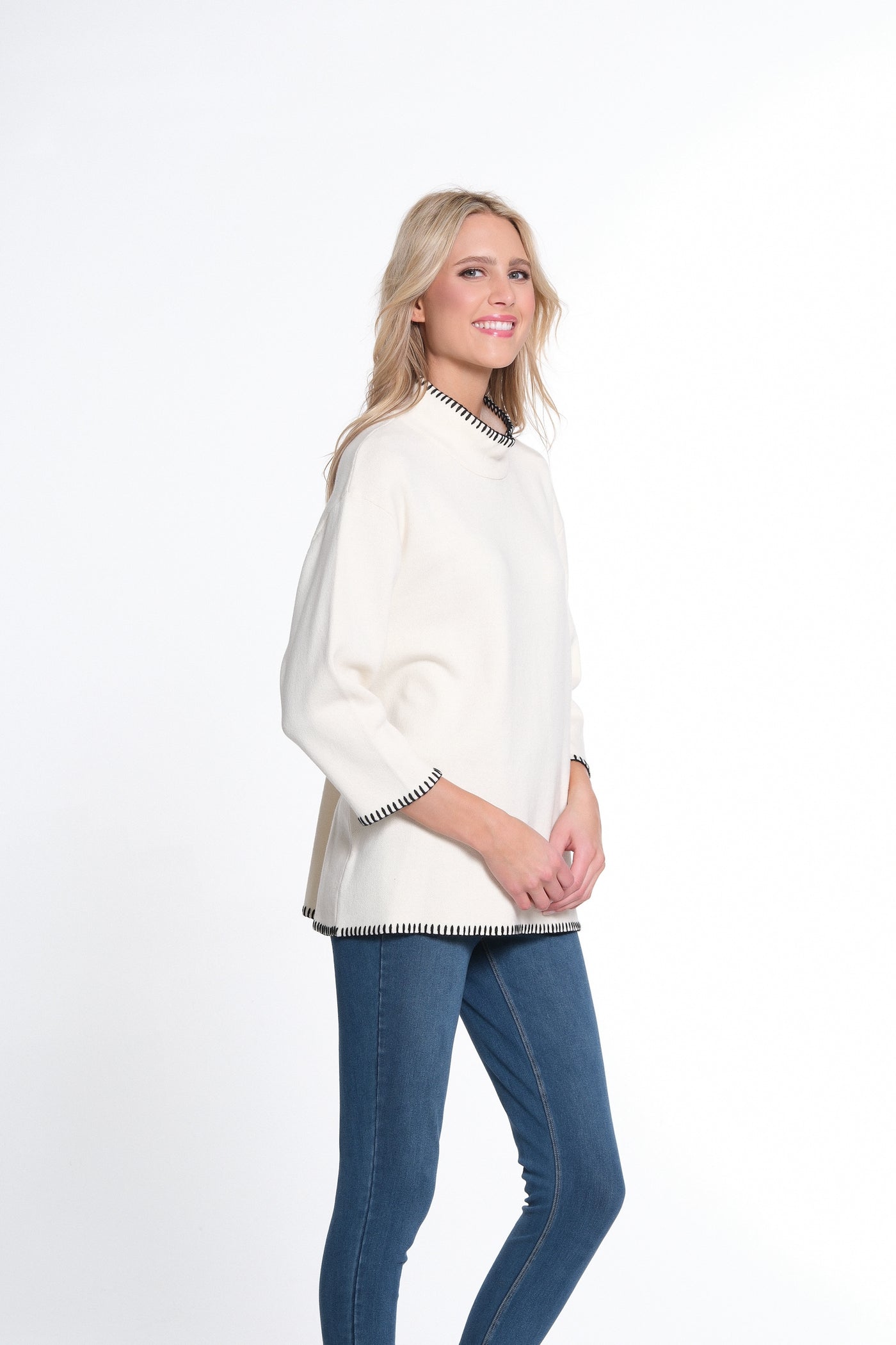 3/4 Sleeve Drop Shoulder Mock Neck Sweater Top - Winter White