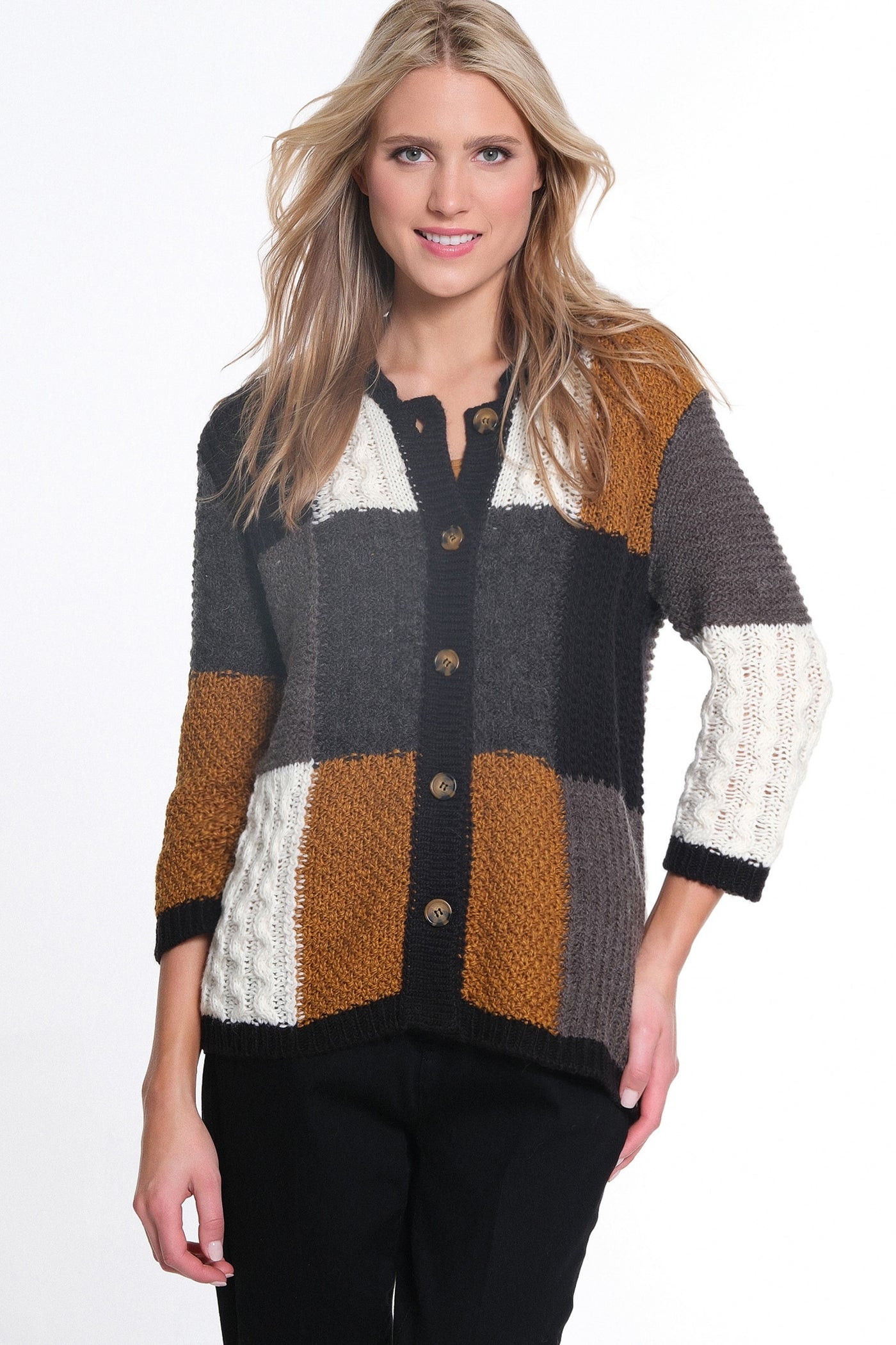 3/4 Sleeve Drop Shoulder Button Front Sweater Cardigan - Multi