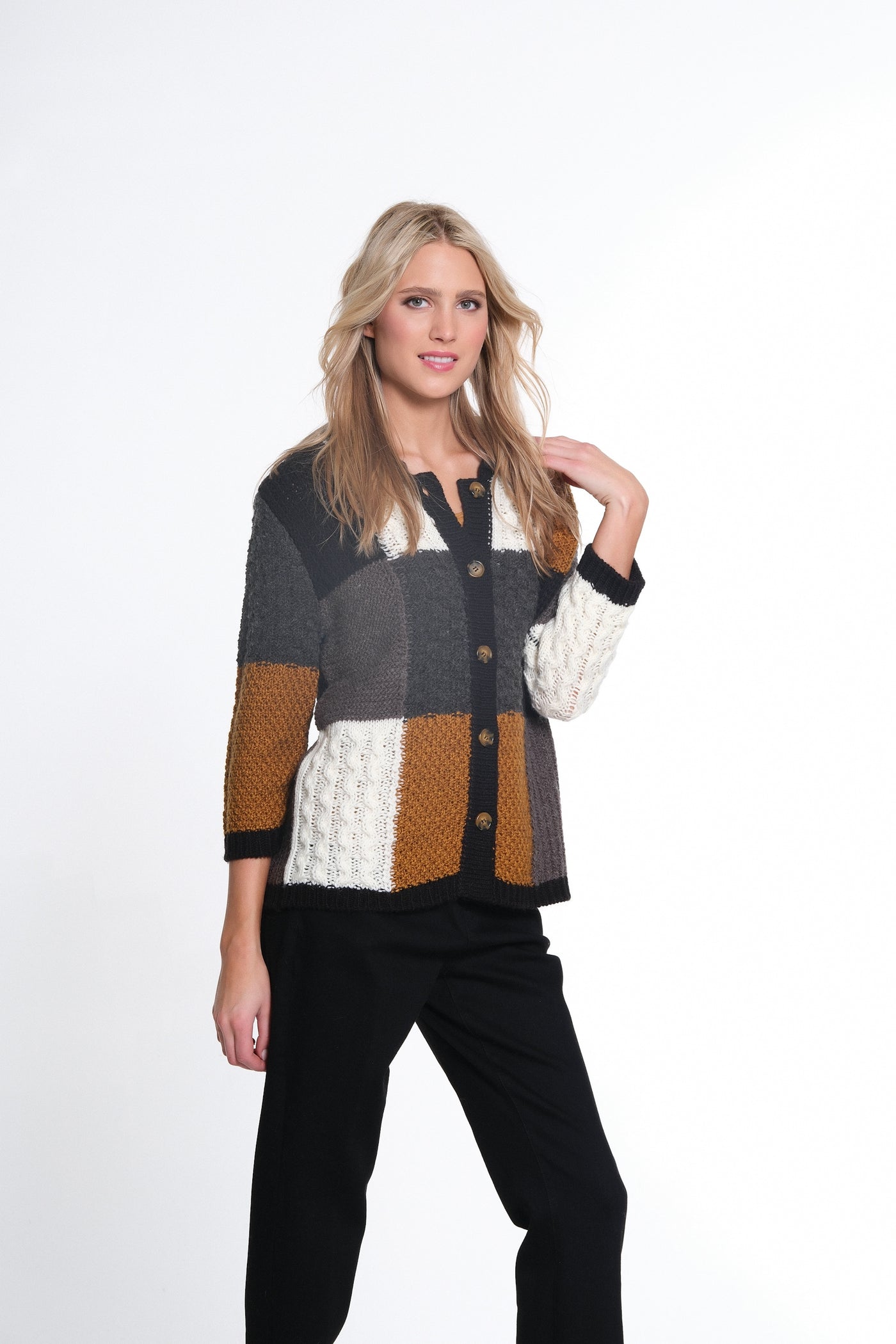 3/4 Sleeve Drop Shoulder Button Front Sweater Cardigan - Multi