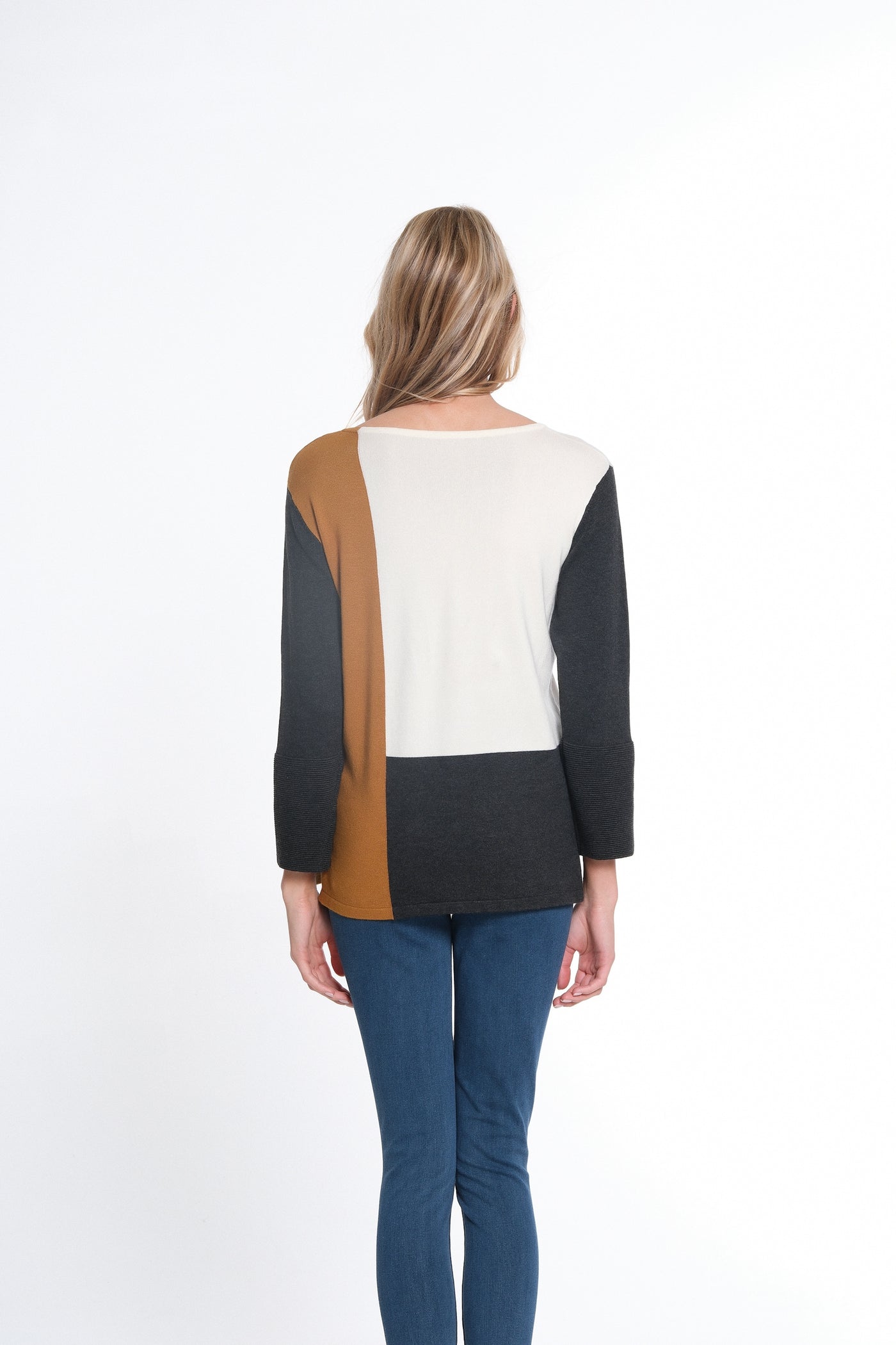 3/4 Sleeve Jewel Neck Color Block Sweater Top - Multi