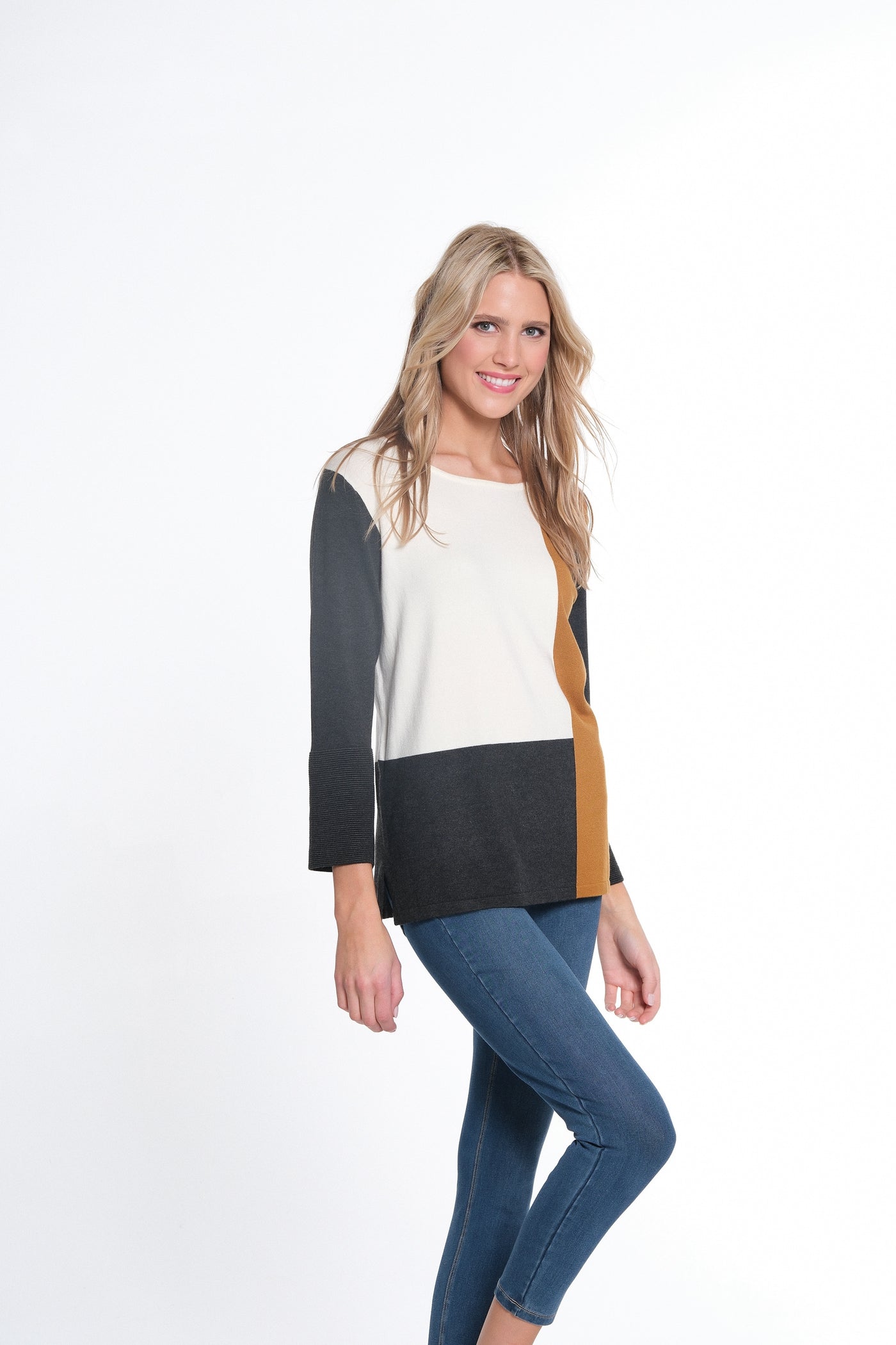 3/4 Sleeve Jewel Neck Color Block Sweater Top - Multi