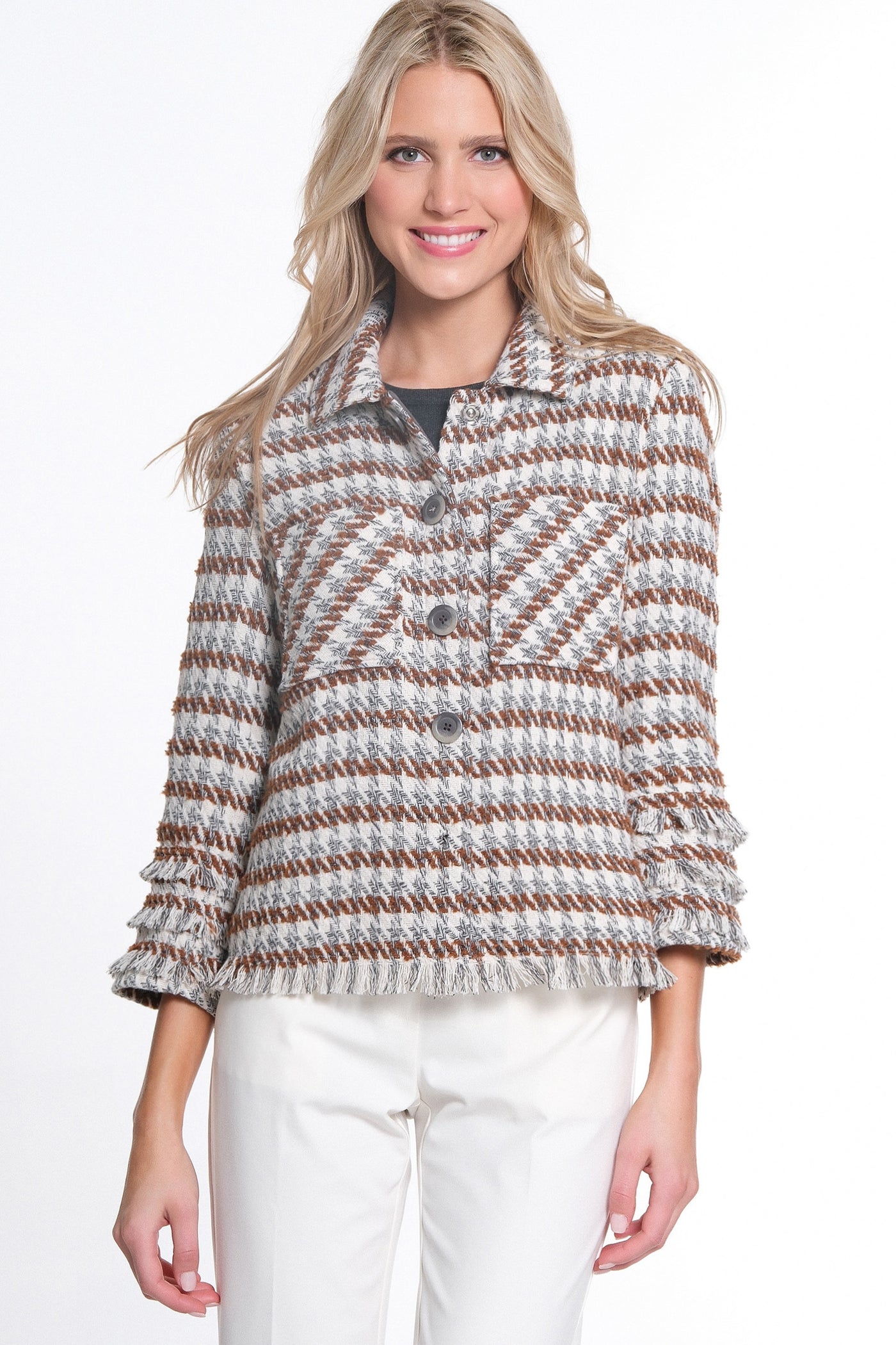 Triple Fringe 3/4 Sleeve 2-Pocket Button & Snap Front Jacket - Women's - Multi