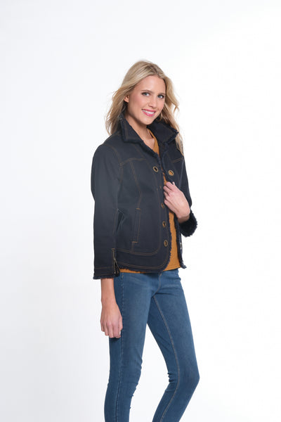 Zip Cuff 3/4 Sleeve Open Front Fringed Jean Jacket w/ Grommets - Black Denim