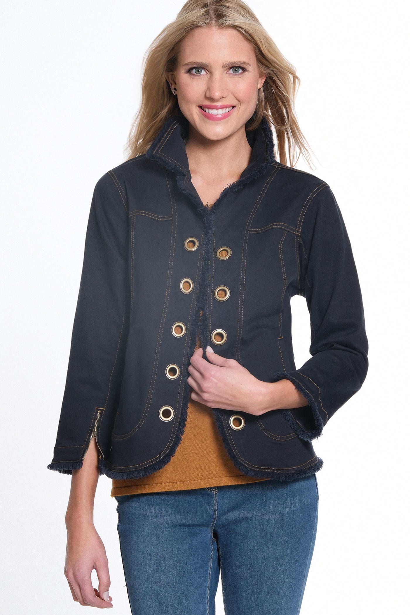 Zip Cuff 3/4 Sleeve Open Front Fringed Jean Jacket w/ Grommets - Black Denim