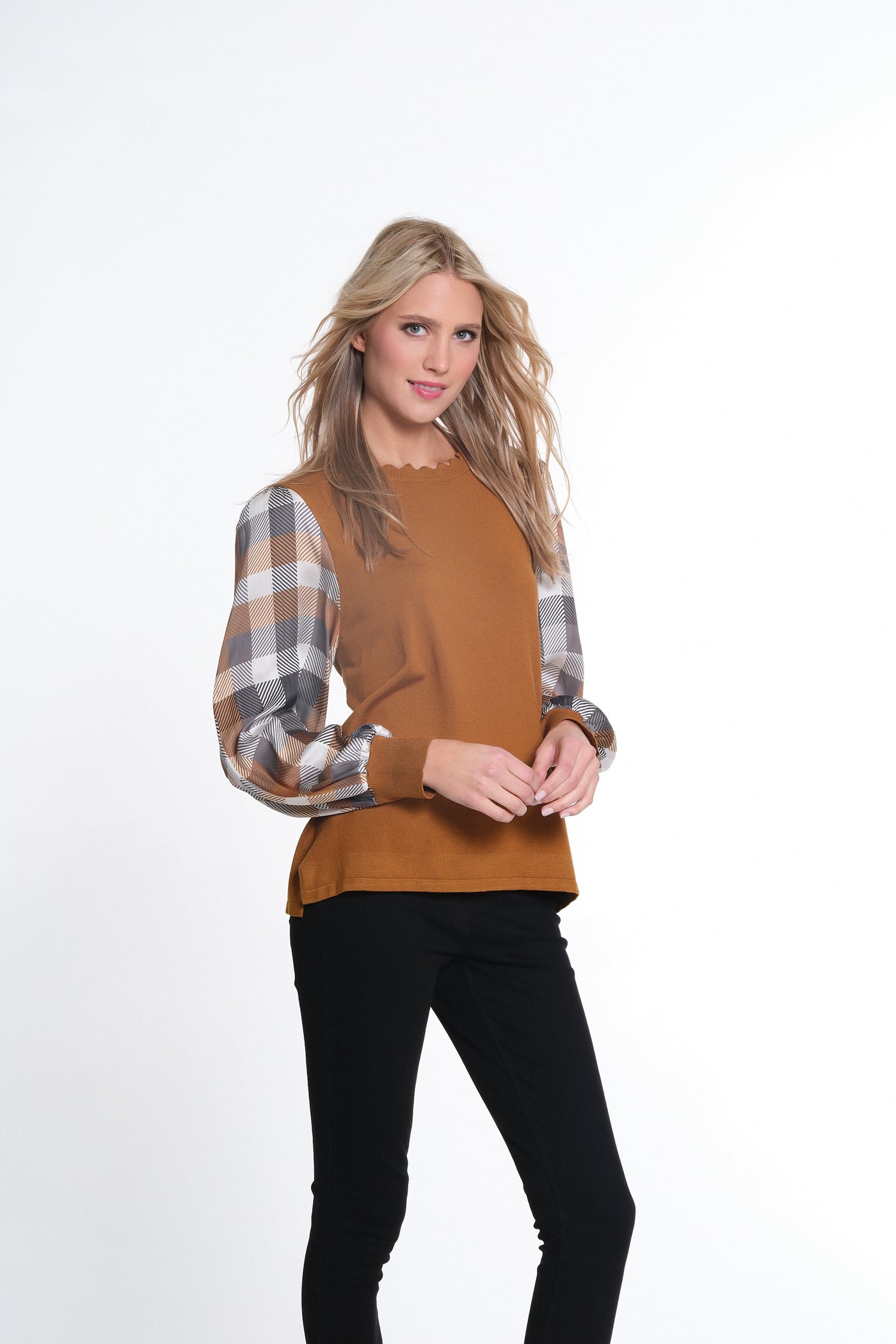 Cuffed Long Sleeve Scallop Neck Band Sweater Top - Tobacco Brown