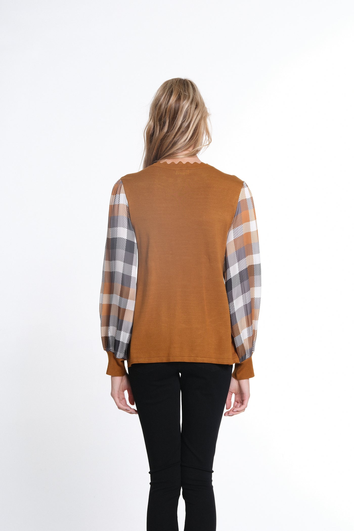 Cuffed Long Sleeve Scallop Neck Band Sweater Top - Tobacco Brown