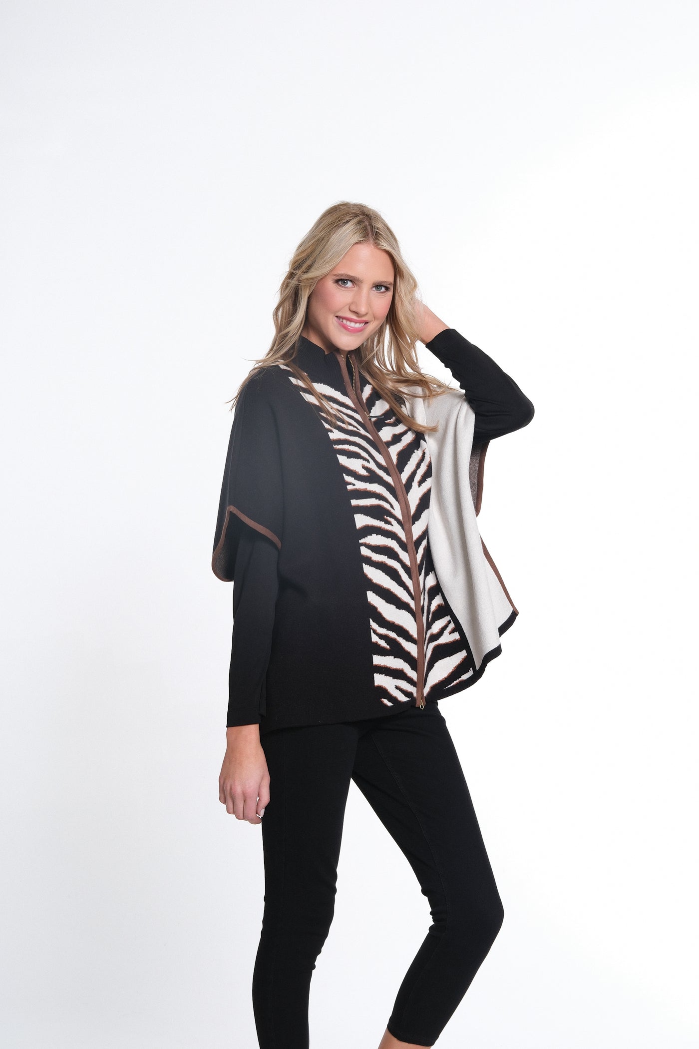 Mock Neck Front Zip Thru Collar Poncho - Multi